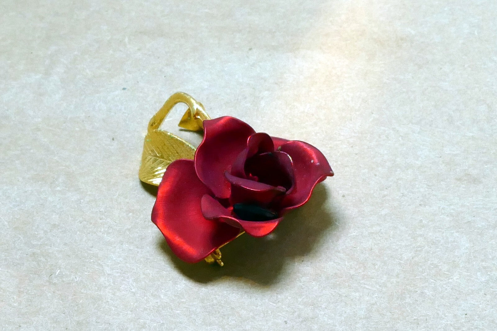 Vintage RED Rose Brooch Pin Brooch 2" long gold tone leaves