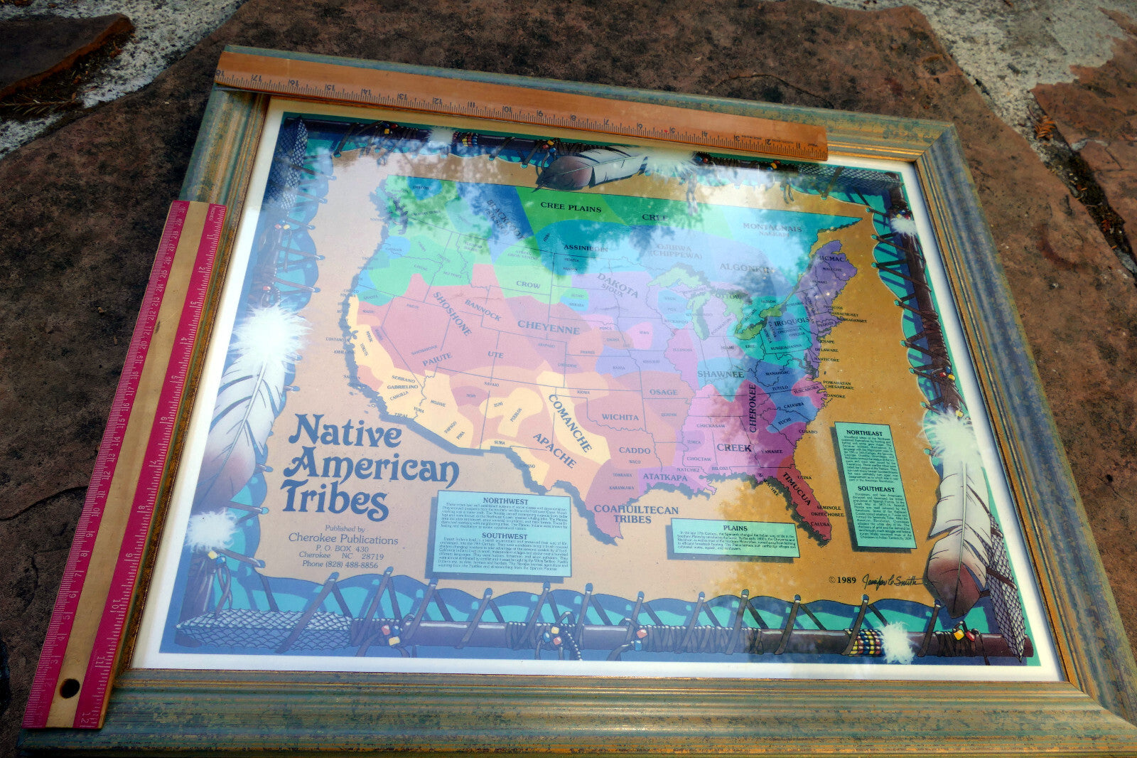 LARGE FRAMED TRIBES OF THE NaTIVE AMERICAN NATION PICTORIAL MAP Cherokee 1989