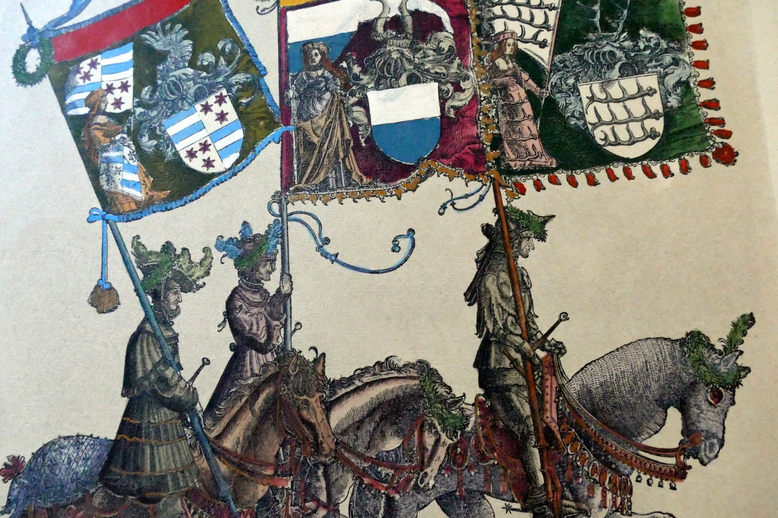 Knight flag bearer hand colored engraving large 21x24"