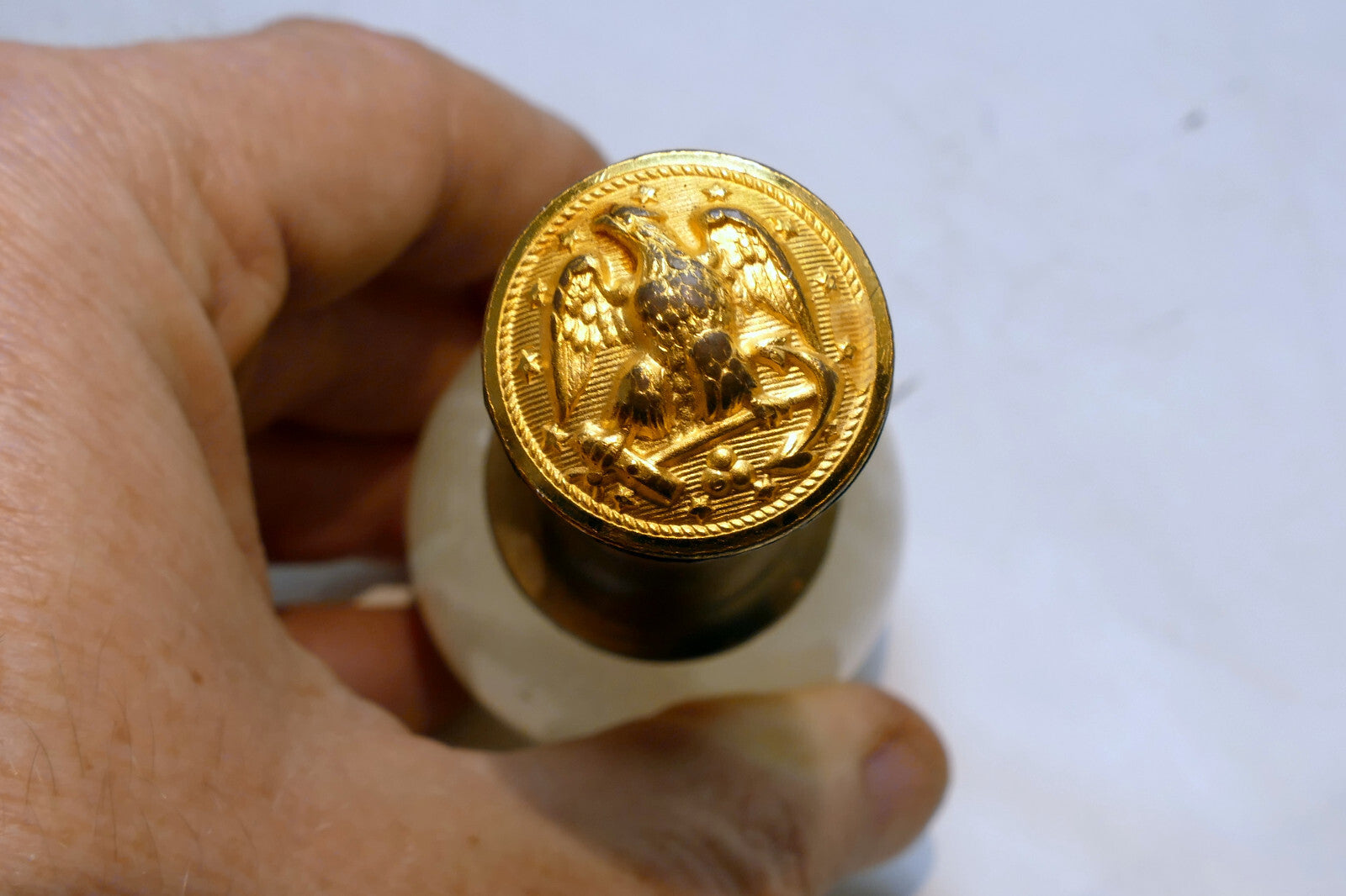 Green Jade Stone Finial Antique 3" with gold tone eagle coat of arms US Navy