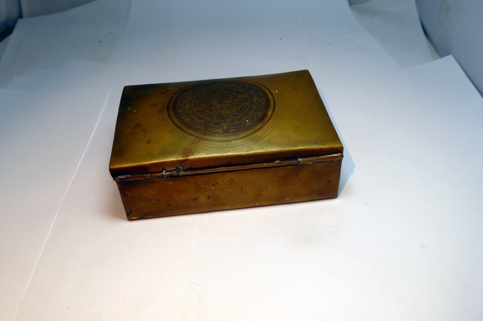 BRONZE AND WOOD TRINKET BOX INDIAN Native Inuit Sun god antique vintage