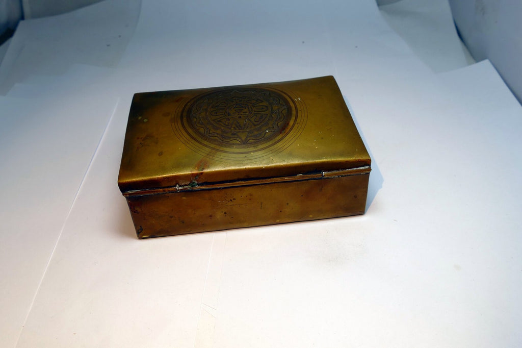 BRONZE AND WOOD TRINKET BOX INDIAN Native Inuit Sun god antique vintage