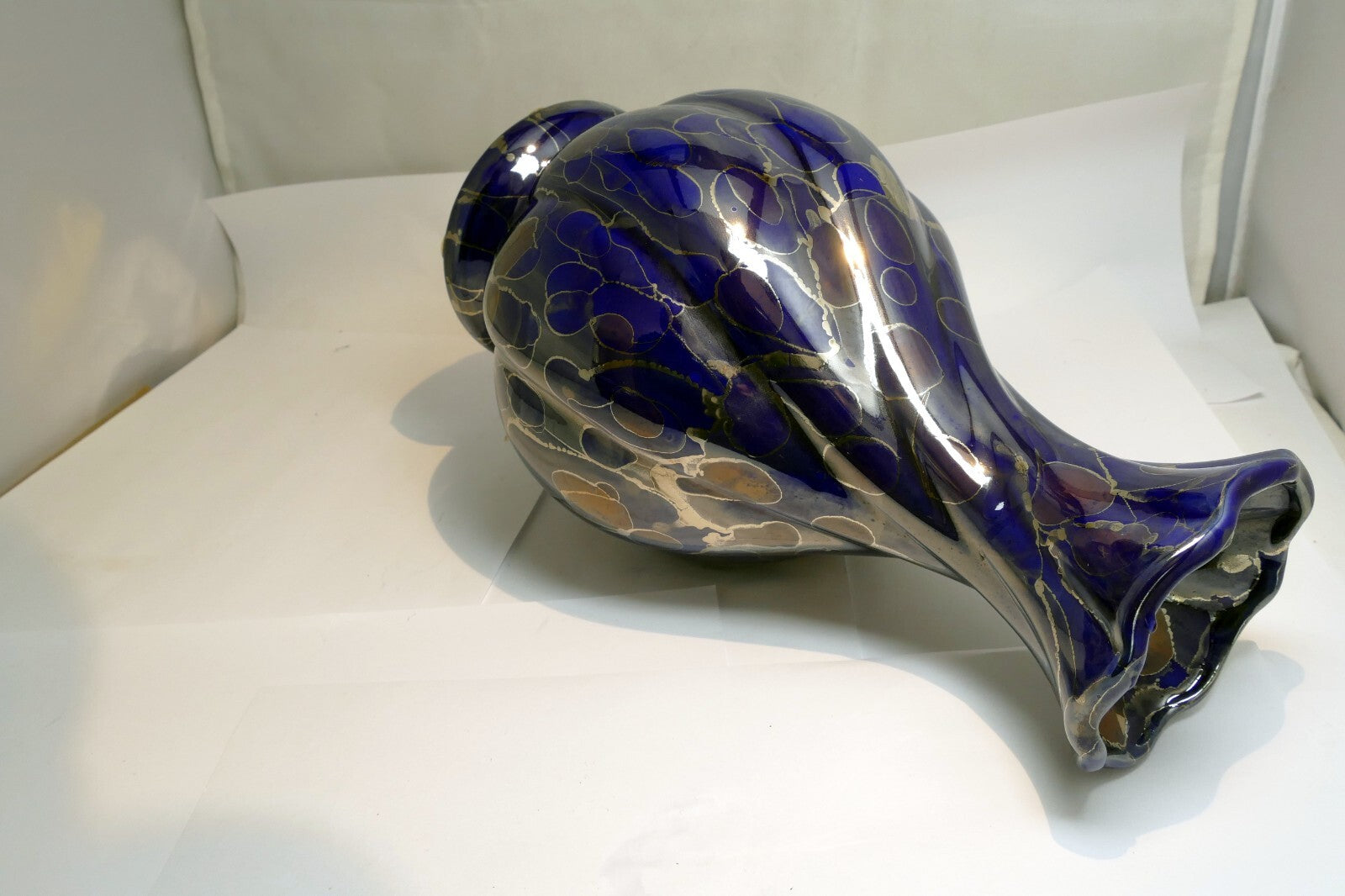 Blue Luster  Vase With Gold Oil Spot Design Glass 10" high Vase