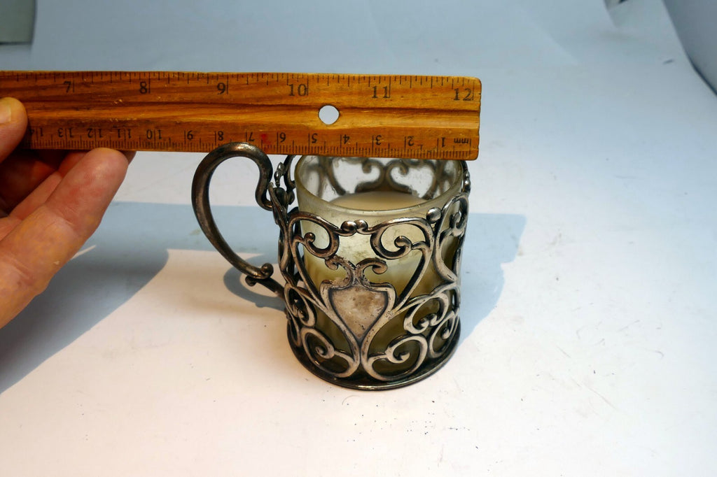 Small Metal Footed Votive Candle Holder with heart Handles floral design  2.5"