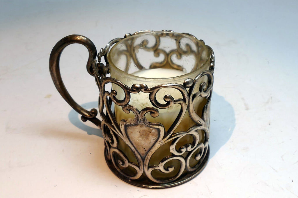 Small Metal Footed Votive Candle Holder with heart Handles floral design  2.5"