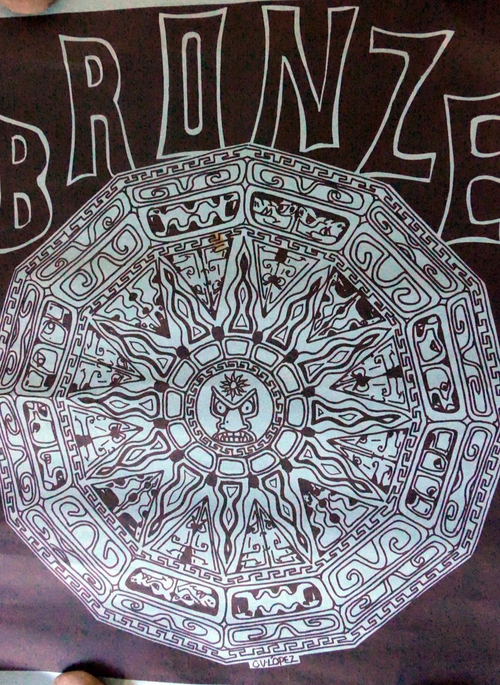 "bronze" aztec calendar poster 19x25" art by lopez, san francisco play la raza