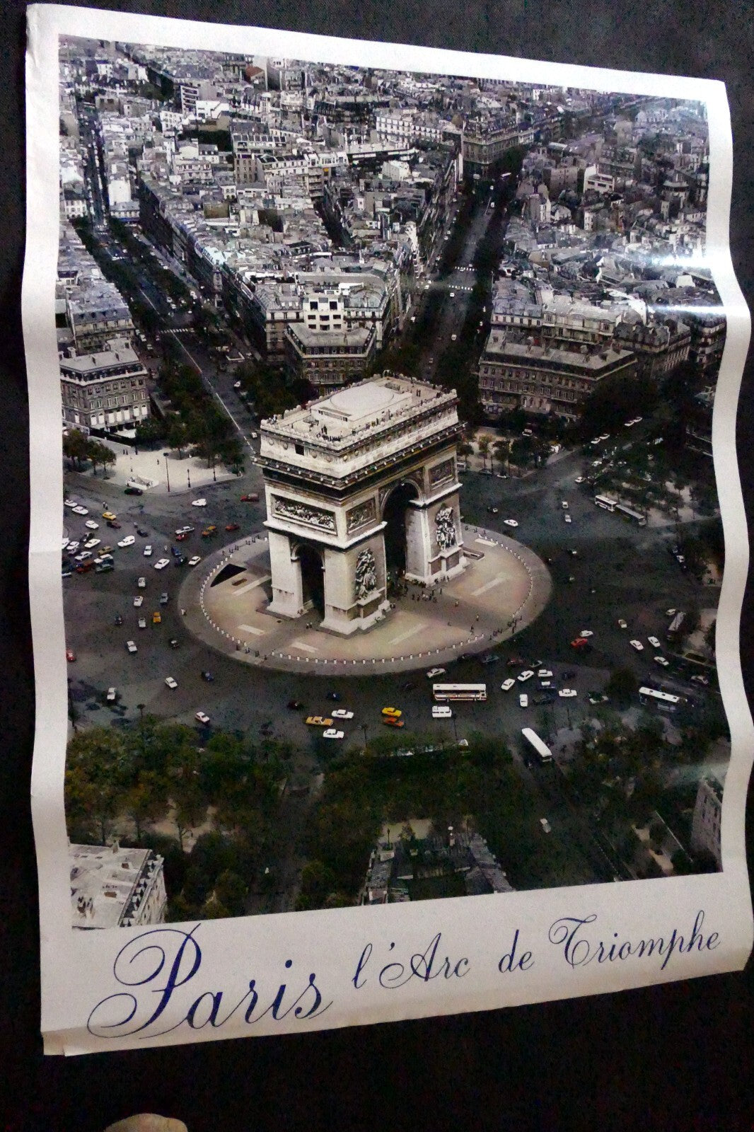 Paris France Arc de Triomphe Poster Print Aerial View Photo 1970's 21X28"