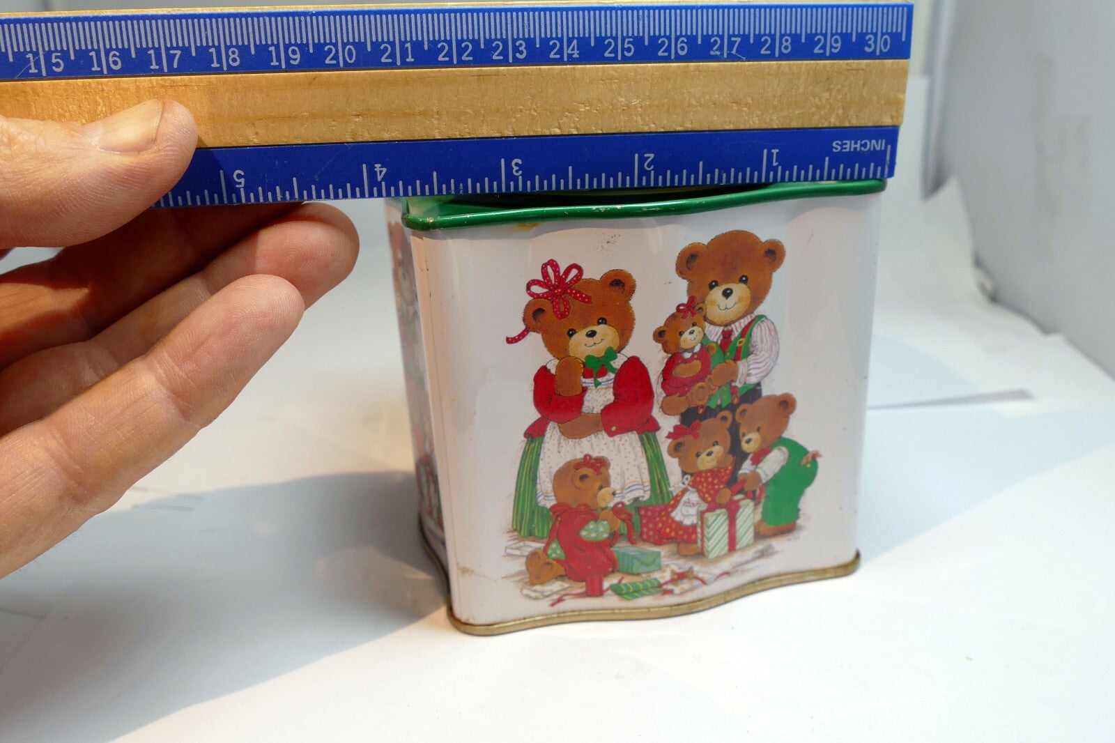 Empty Tin Box Tea can cookie 4X4X4" with Teddy Bear family  Christmas presents