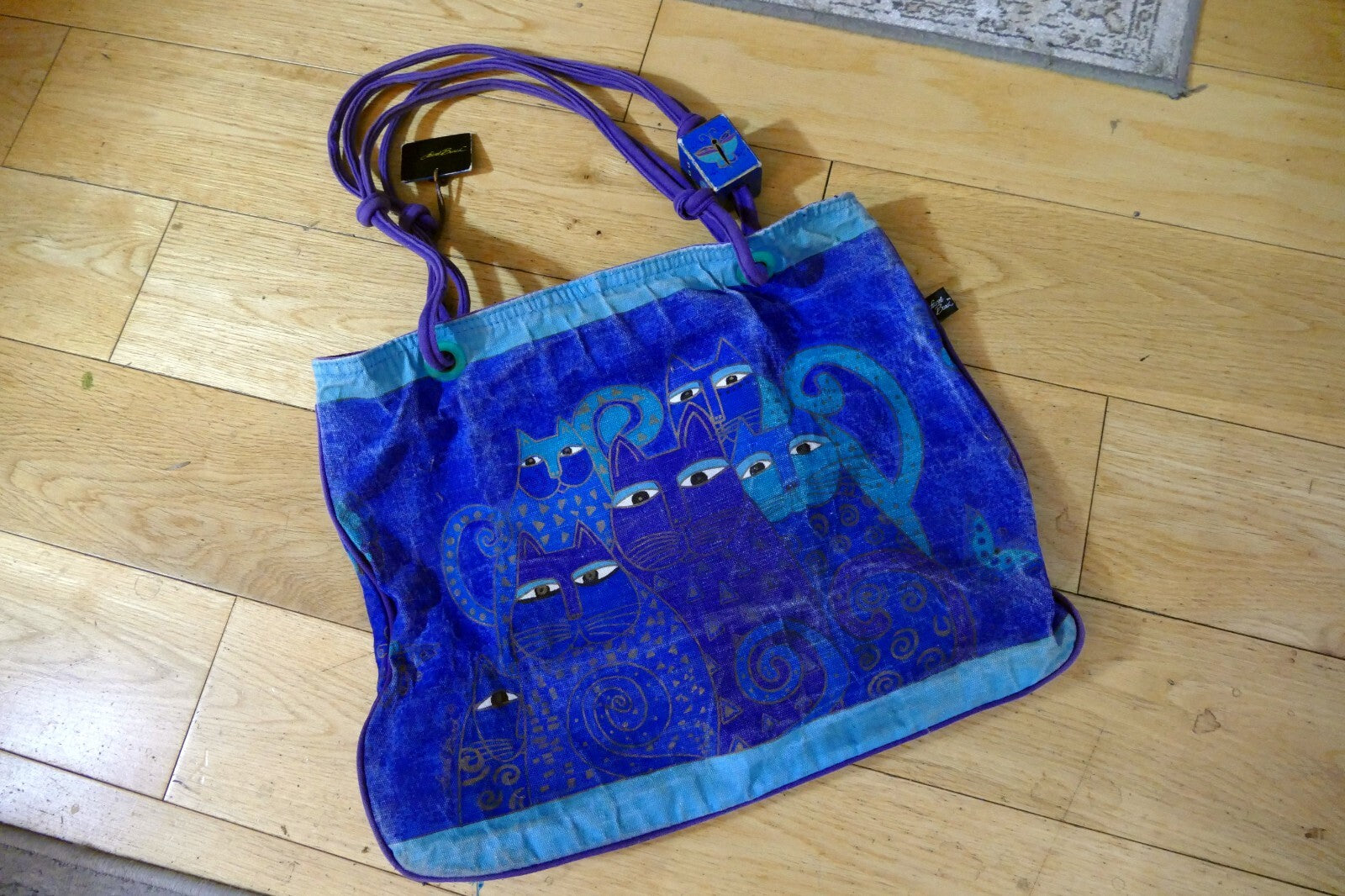 Laurel Burch Shoulder ZIPPER Top Feline Cat Friend metallic Blue Purple Handbag
