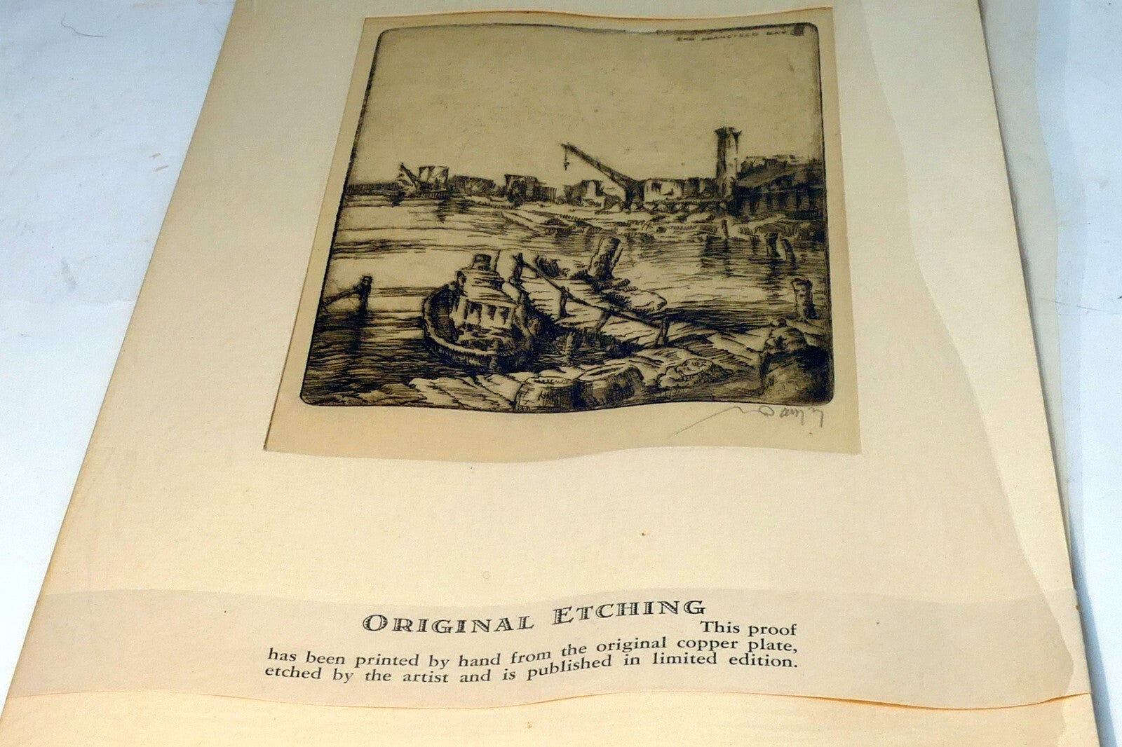 " San Francisco Bay"  Hand Signed Etching 19th century fisherman's wharf 1850's