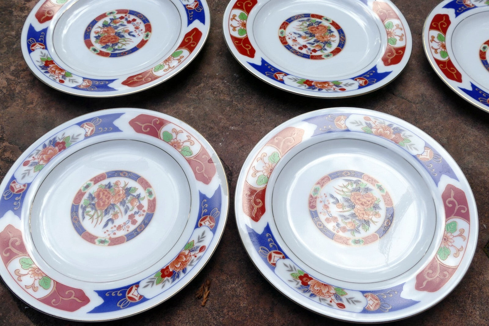 7 TTC China 6.2" Round Desert Plate Gold trim TTN1 Red-Blue Floral made in Japan