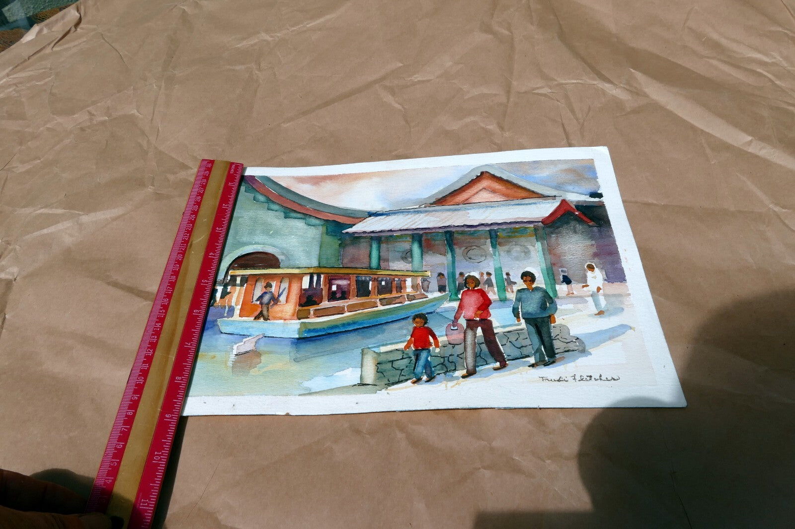Beach people walking Watercolor by Freddie Fletcher  signed unframed 9X12"