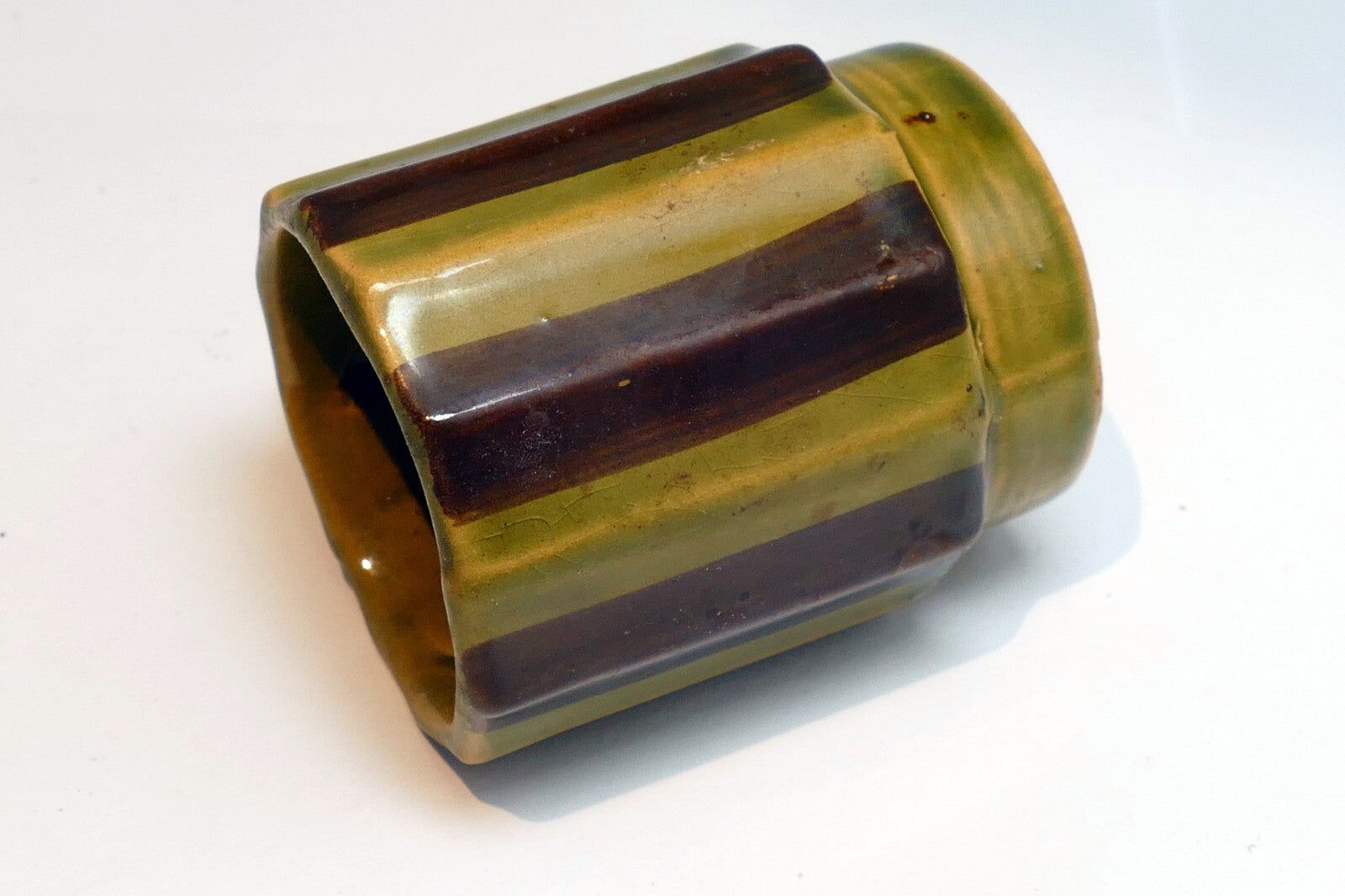 Green Japanese Stacking Double-Handled Coffee/Tea Cup Lines small 2" green brown