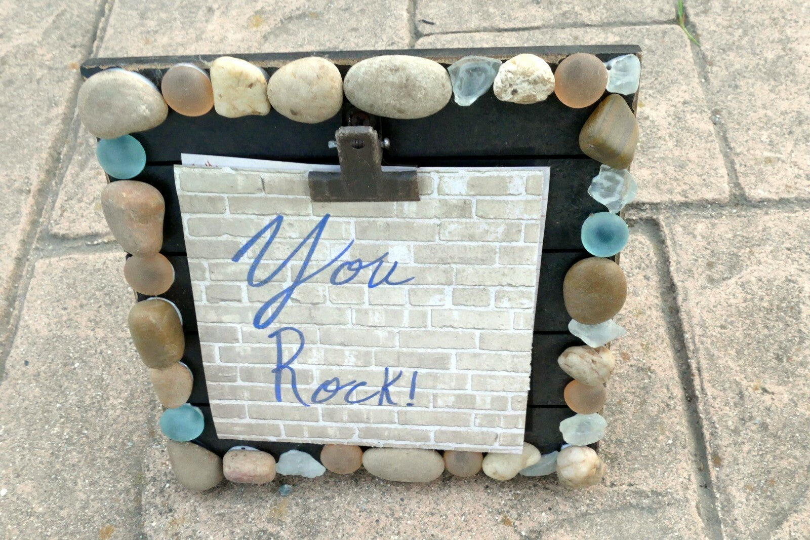 "You Rock" Picture Frame Brown Real Stone Pebbles Square 8X8" homemade CA USA