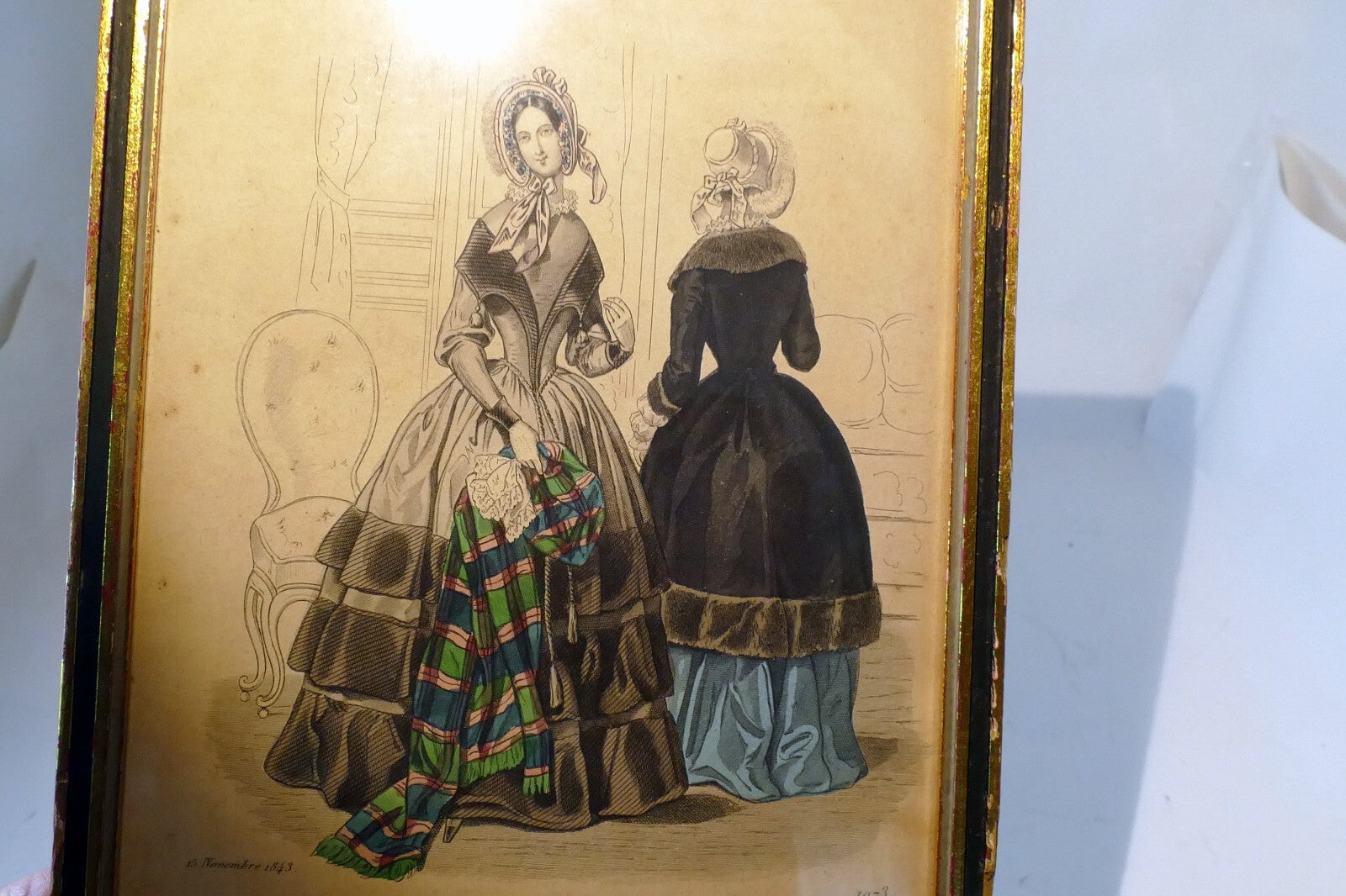 French Antique 1843 Hand coloured engraving Petit Courier des Dames Paris print