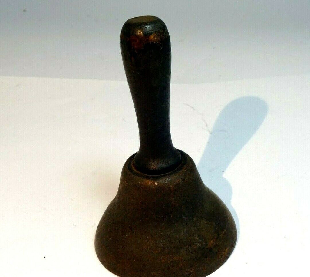1.5" solid brass metal school diner bell with wooden handle vintage