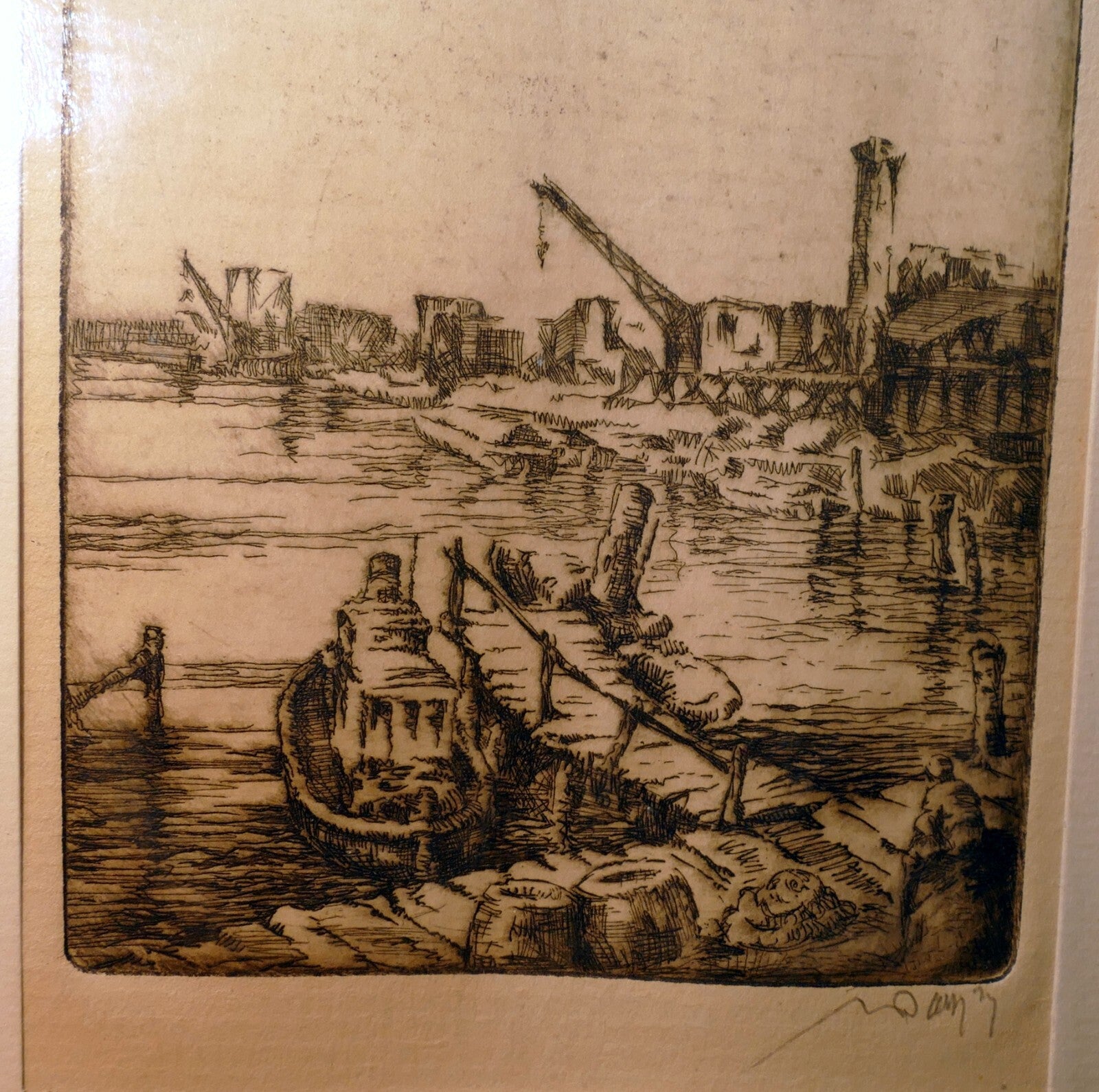 " san francisco bay" hand signed etching 19th century fisherman's wharf 1850's