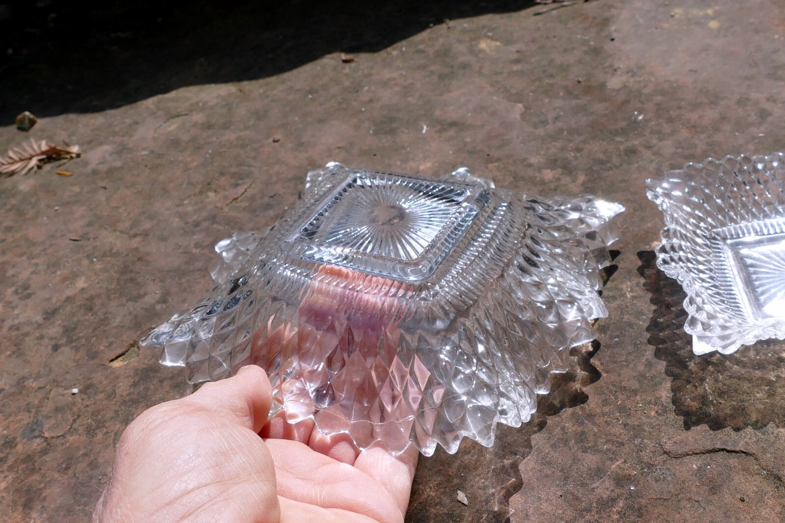 Set of 2 Clear Depression Glass Diamond Point Ruffle Edge Candy/Nut Dish