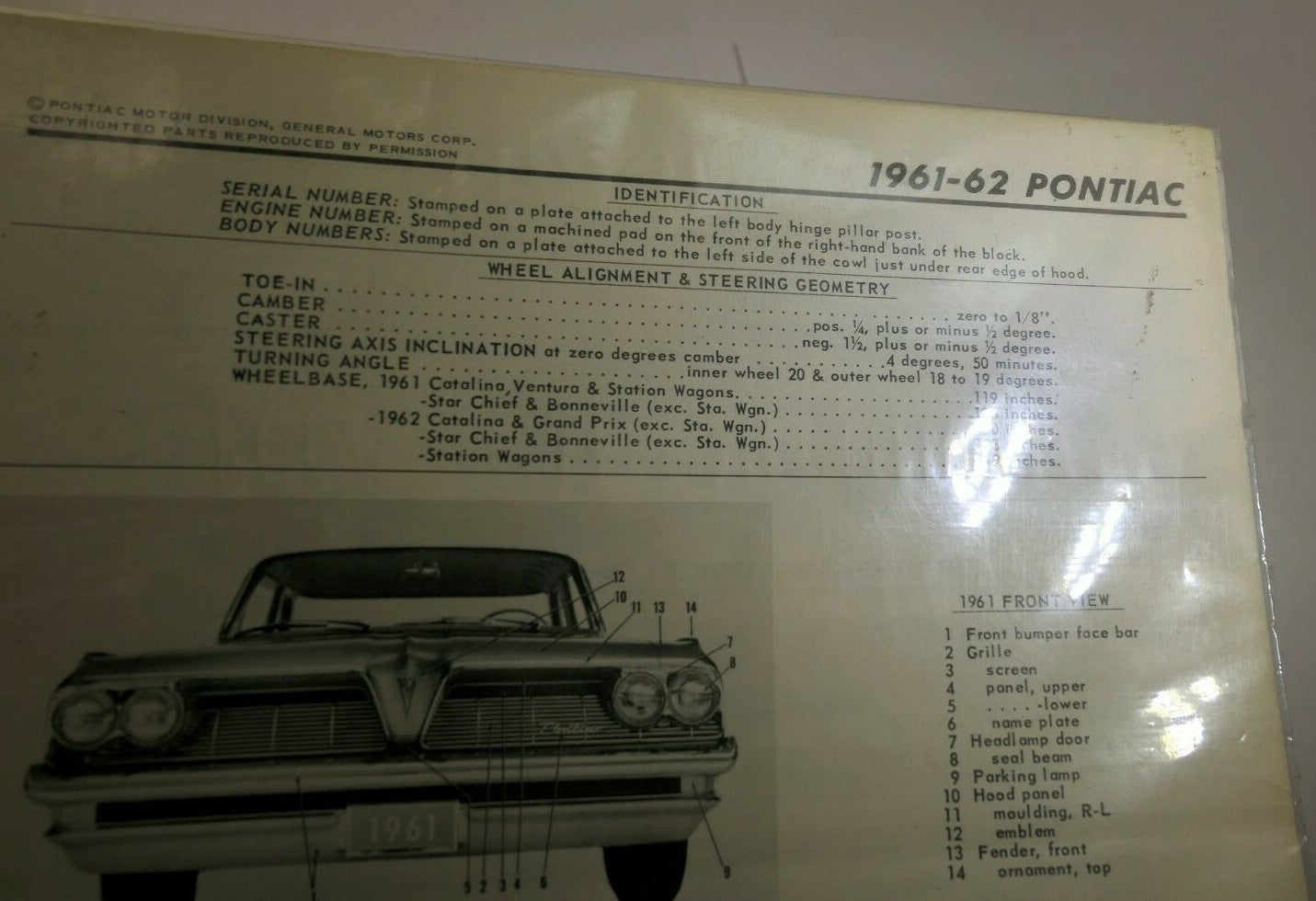 Pontiac 1961 62 motor crash book service identification sheet chart