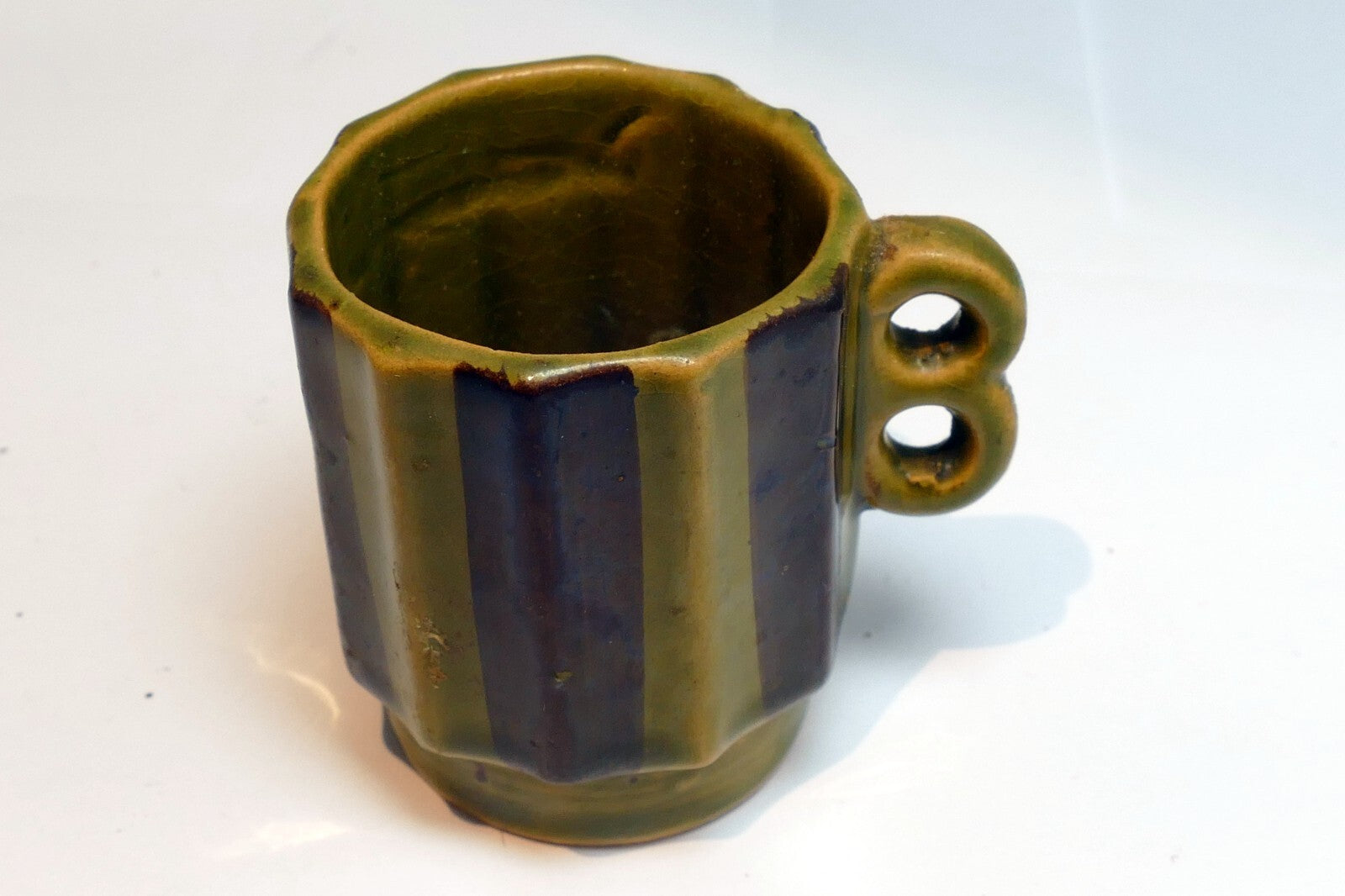Green Japanese Stacking Double-Handled Coffee/Tea Cup Lines small 2" green brown