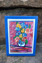 Oil Painting of  Blue Yellow Flowers Bouquet Vase Signed Minna 5X7" small