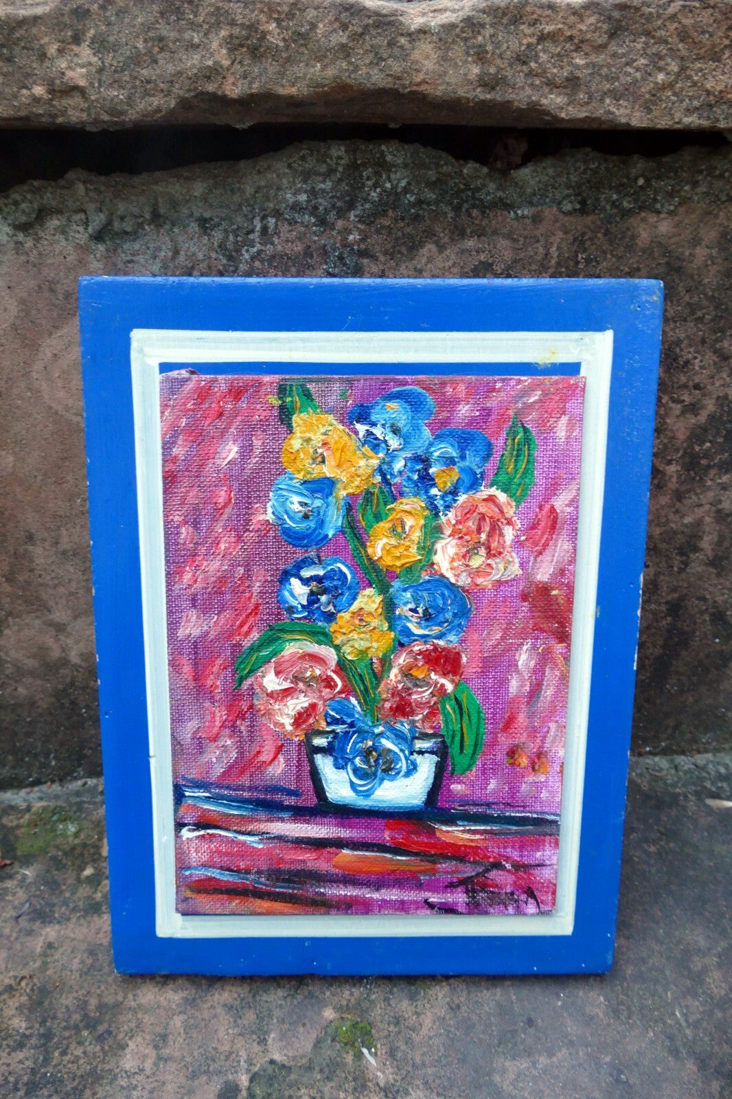 Oil Painting of  Blue Yellow Flowers Bouquet Vase Signed Minna 5X7" small