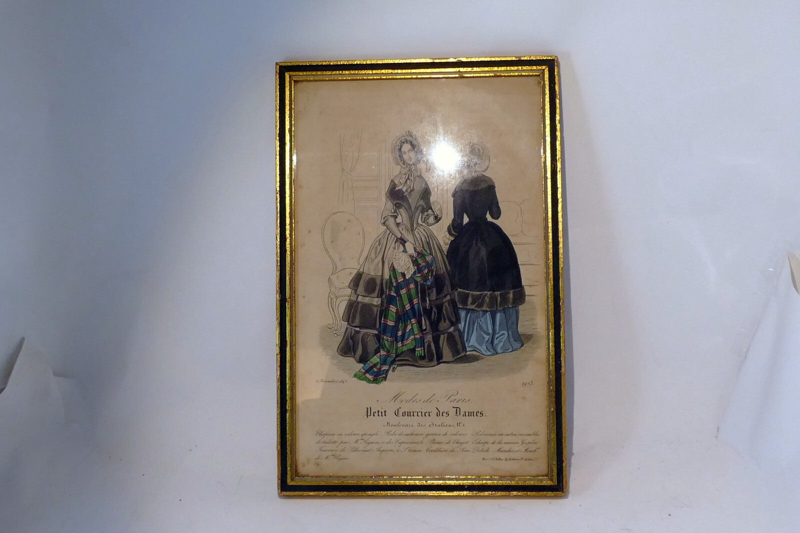 French Antique 1843 Hand coloured engraving Petit Courier des Dames Paris print
