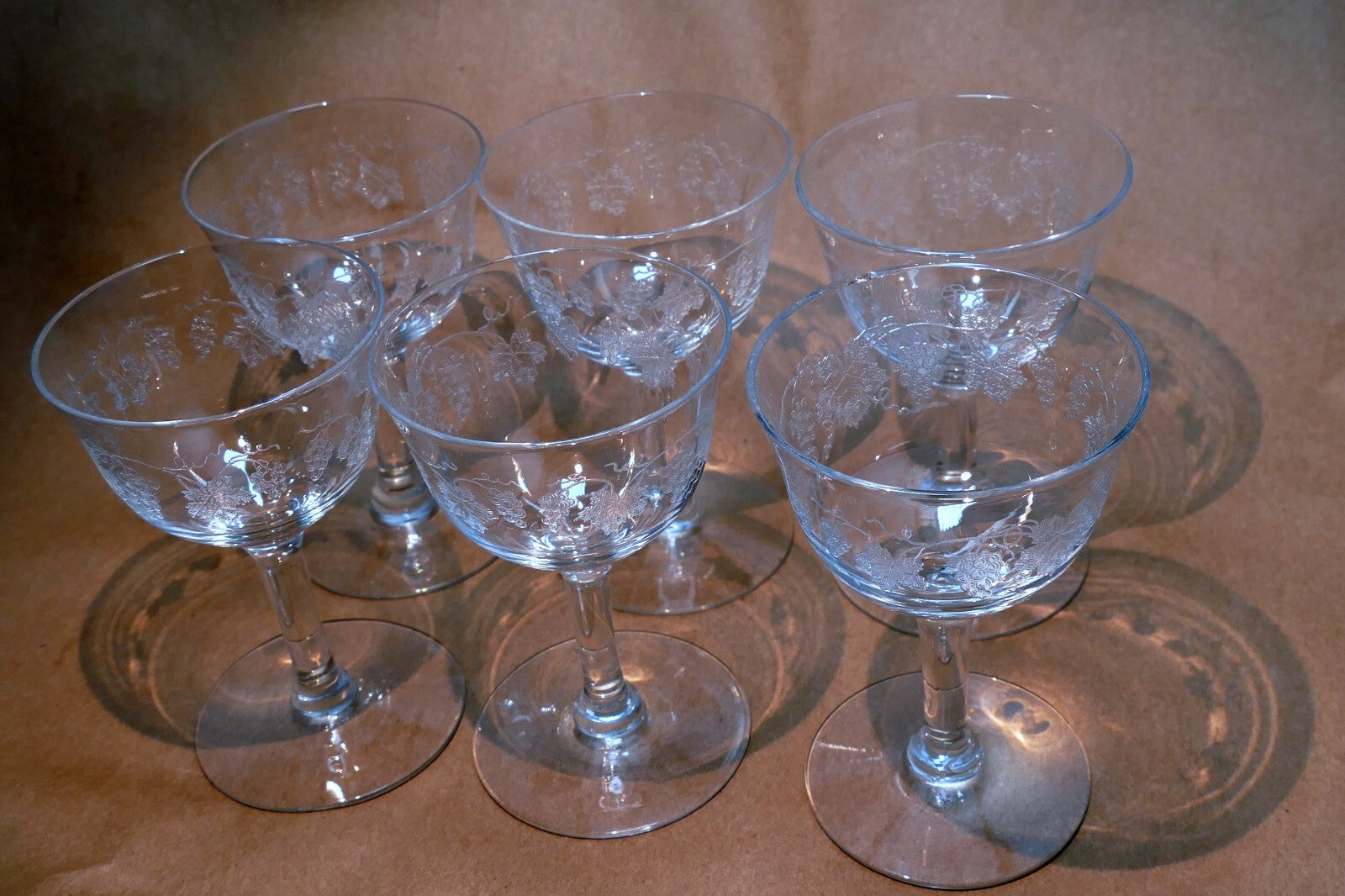 Cambridge Grape Cordial Etched / Crème De Menthe Glasses  - Set of 6 Lot Wine