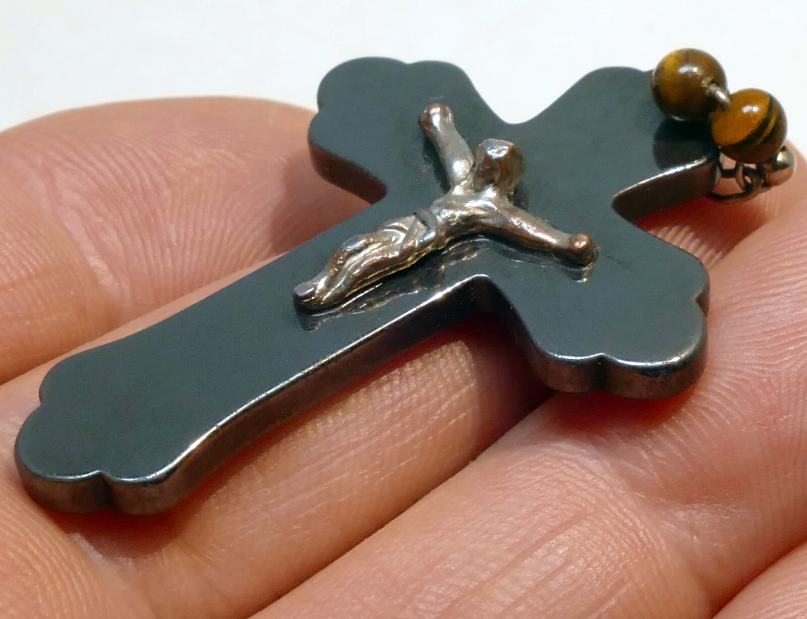 Metal crucifix cross hematite pendant vintage italy 2"