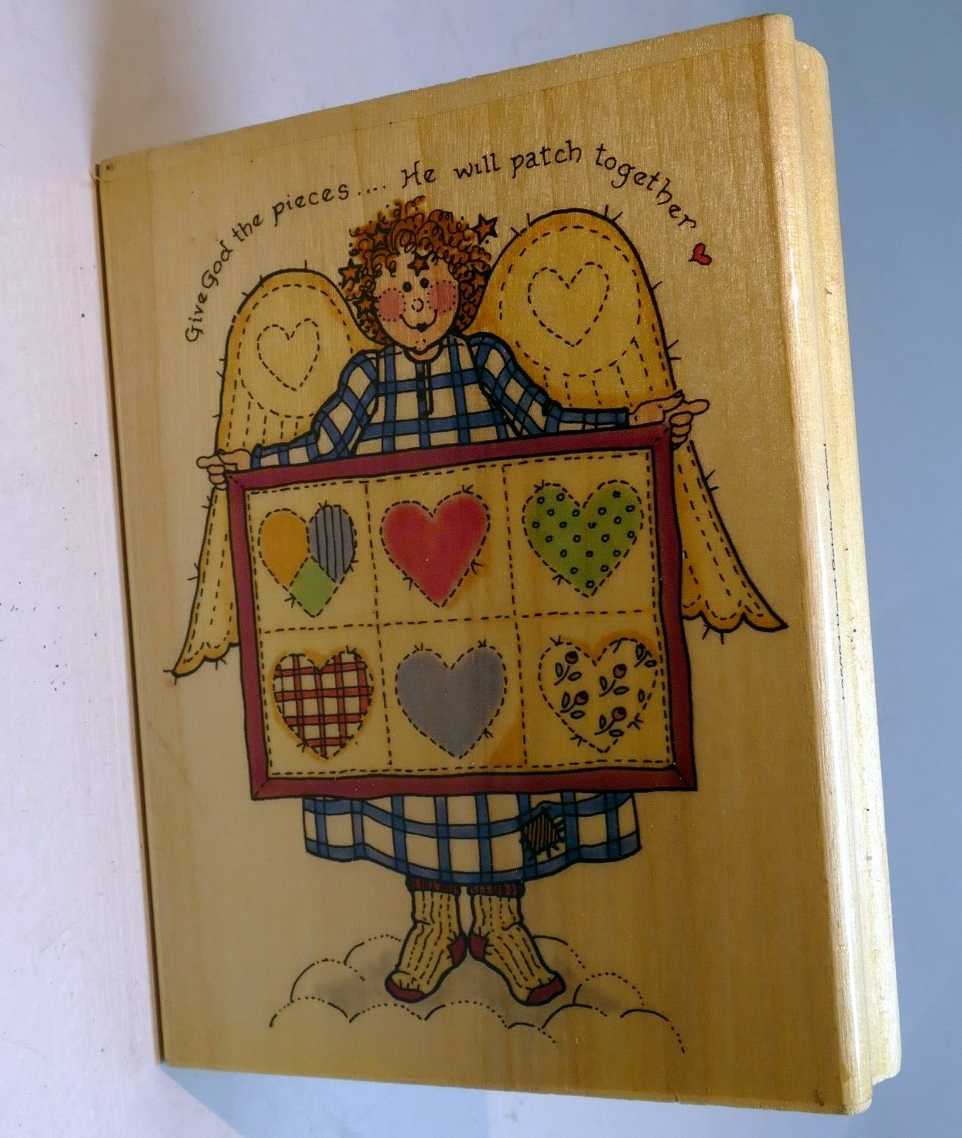 Rubber stamp l25094 heart patches angel religious love 3x4"