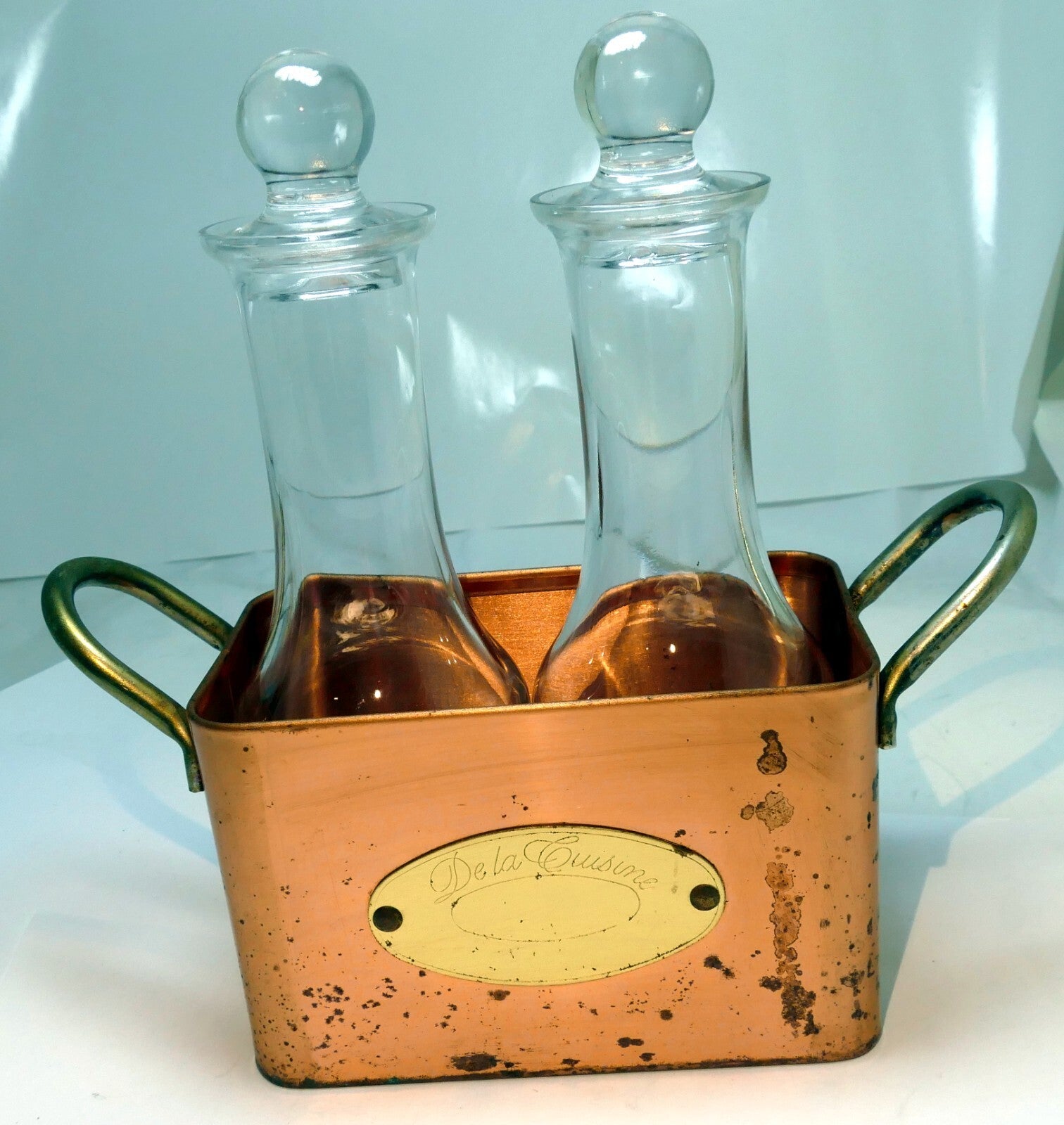 2 pc olive oil vinegar cruet dispenser set brass copper case holder premium