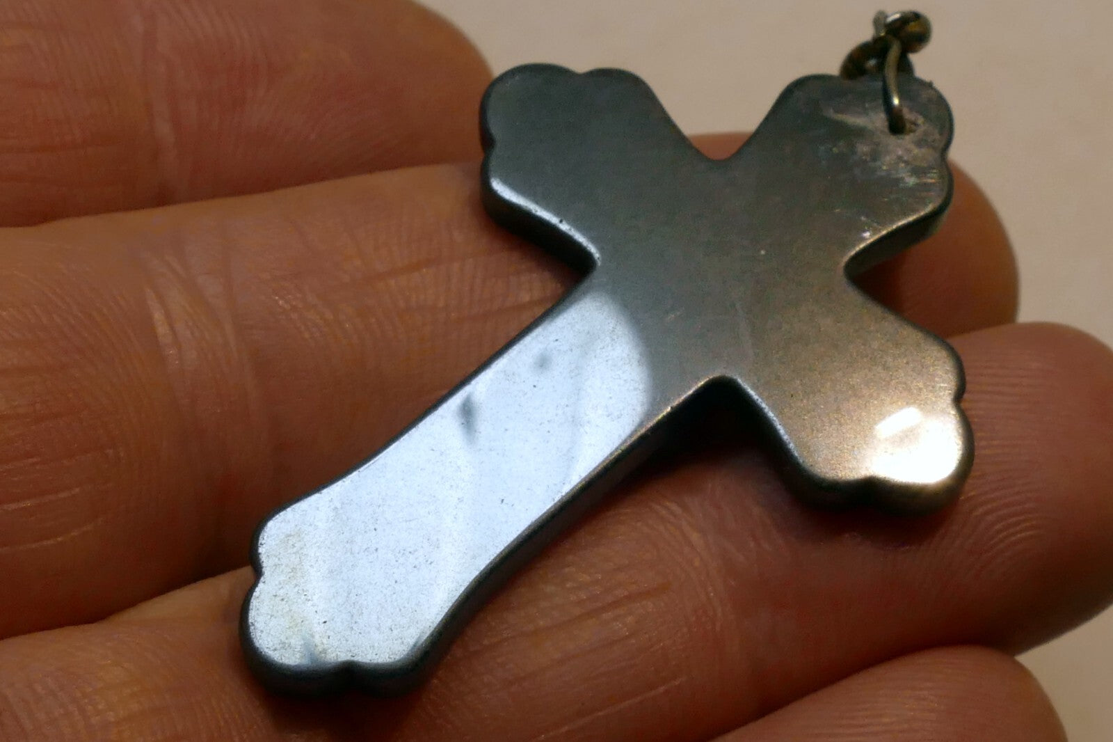 Metal Crucifix Cross Hematite Pendant vintage Italy 2"