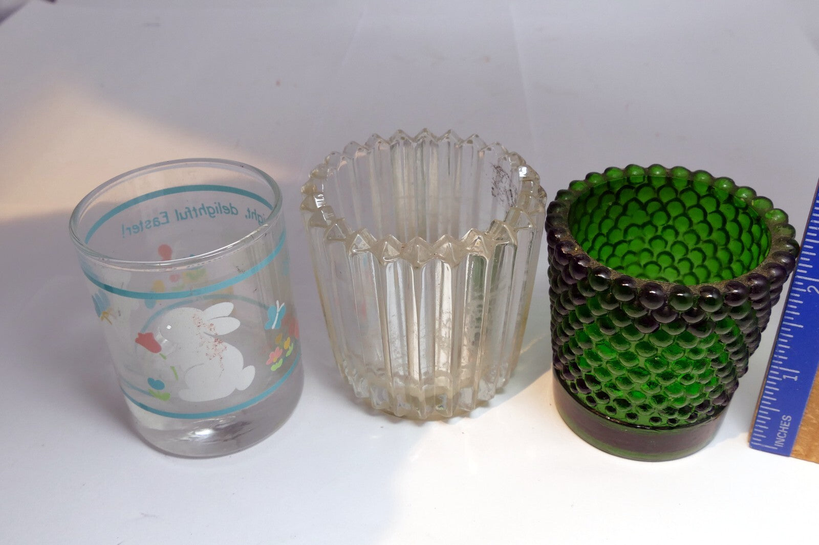 Set of 3 Glass Tealight Candle Holders 2" small beveled frosted Easter bunny