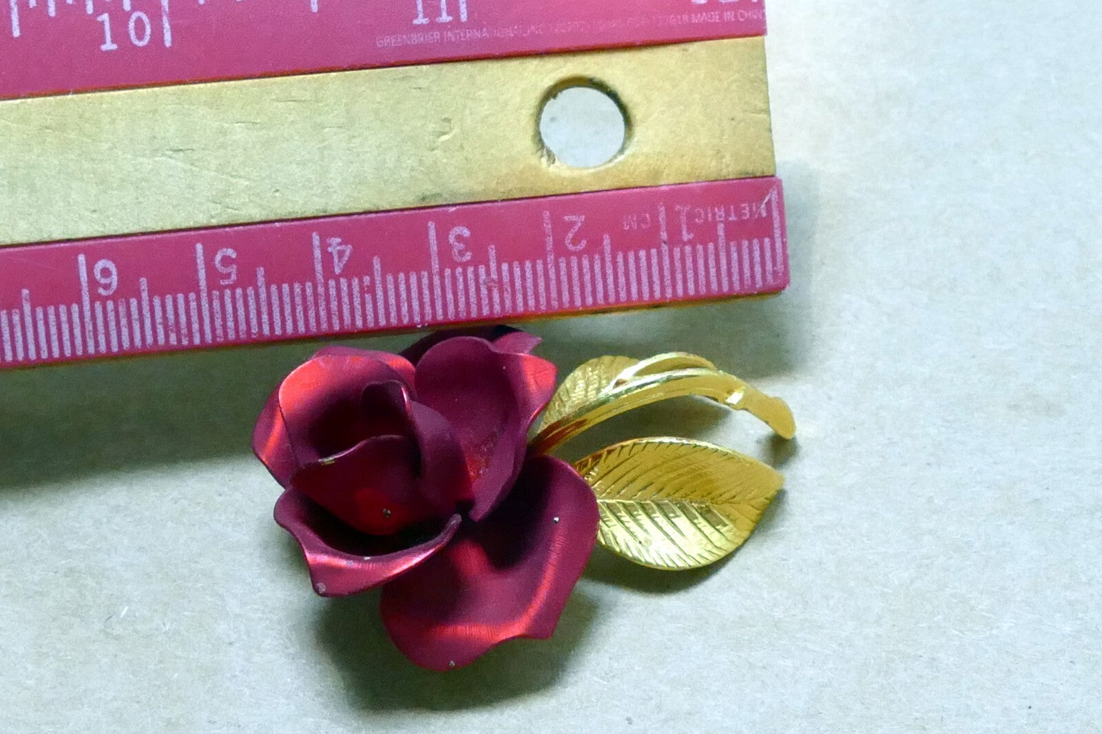 Vintage RED Rose Brooch Pin Brooch 2" long gold tone leaves