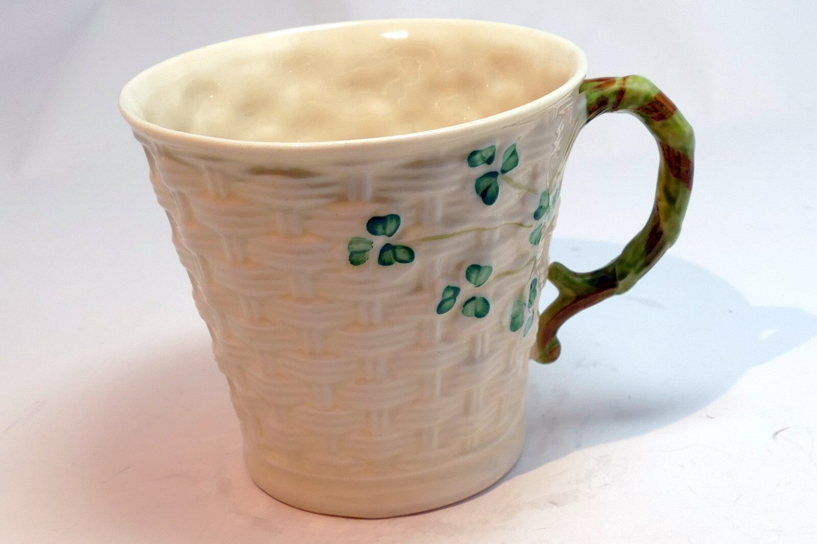 Belleek Ireland Shamrock Basket Weave Coffee Tea Mug Cup  Ivory china