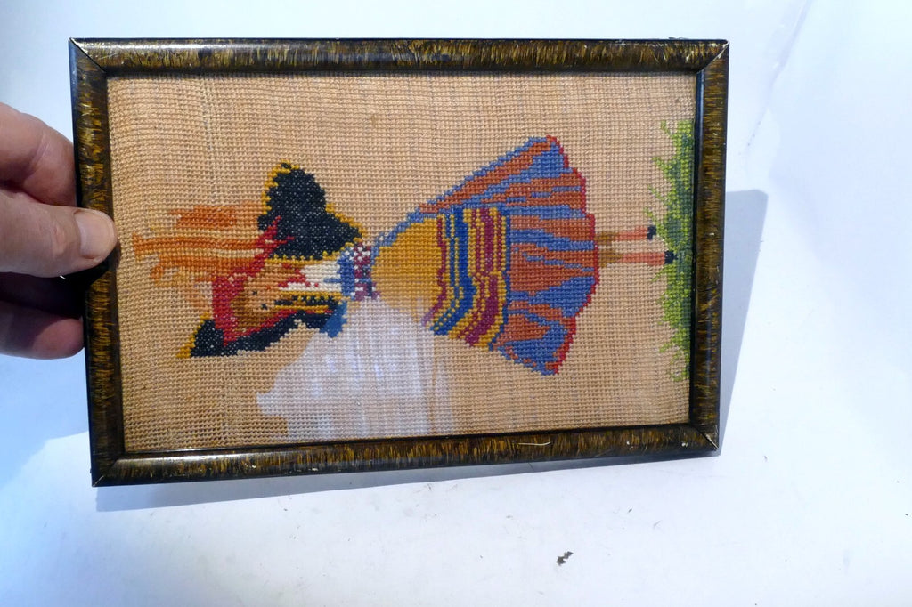 5X8" Vintage Girl Carrying Jug with Water Finished & Framed  Needlepoint