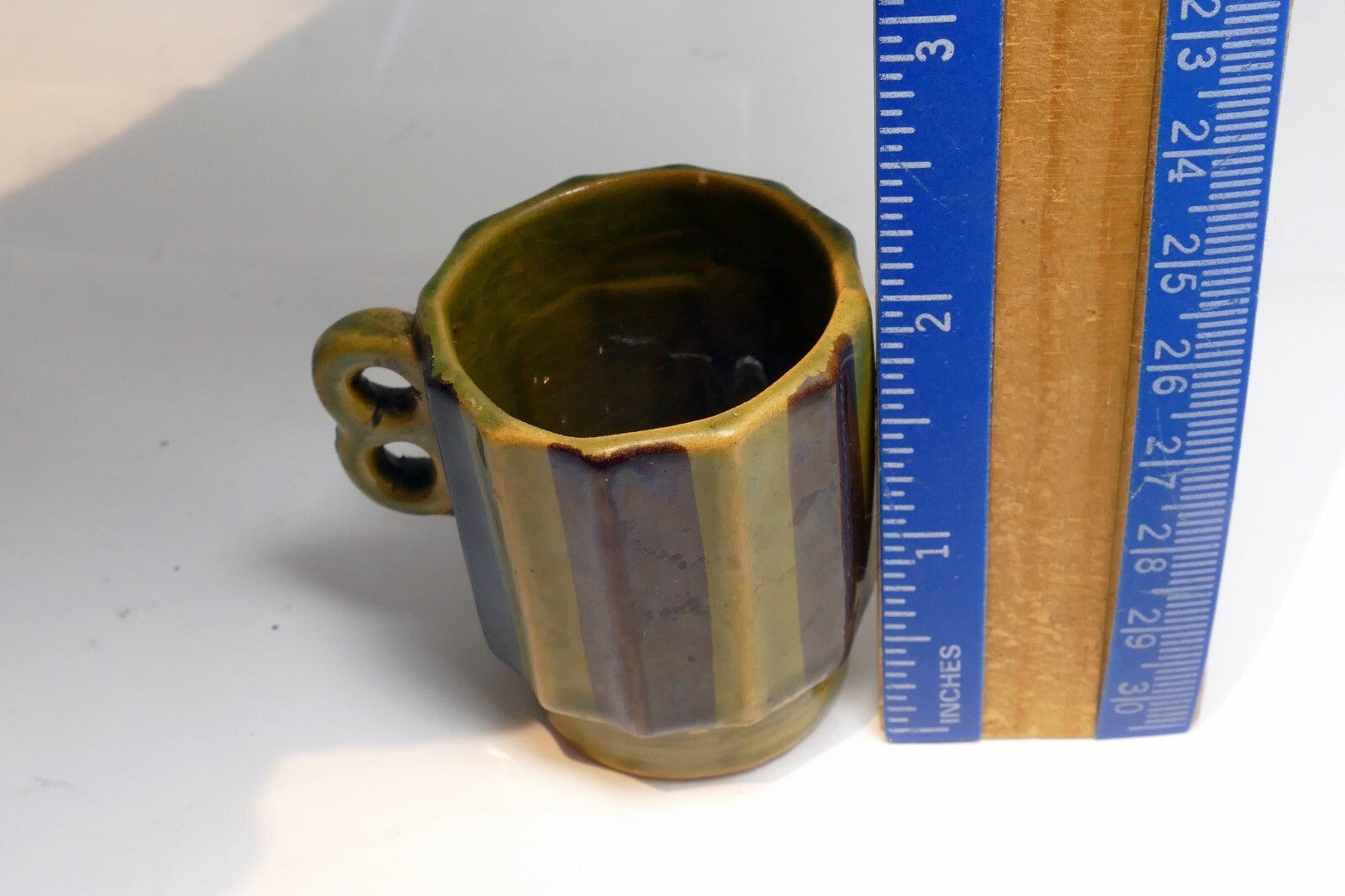Green Japanese Stacking Double-Handled Coffee/Tea Cup Lines small 2" green brown
