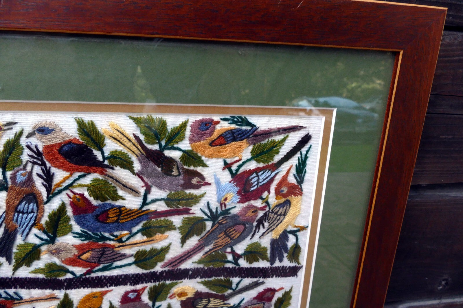 Large Bird Finch Cardinal Cross Stitch Needle Point Folk Art 15X15" Framed