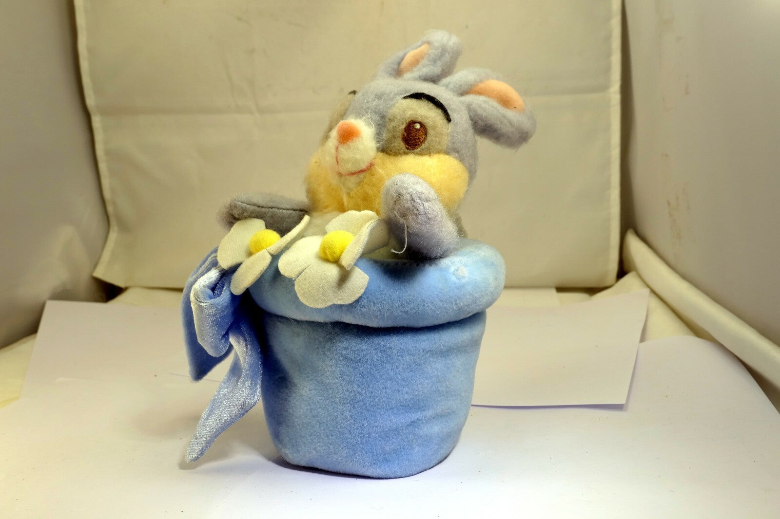Easter bunny 7" push toy rabbit with white flowers blue hat