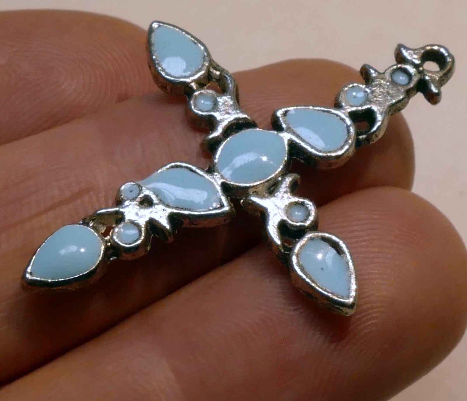 Metal crucifix cross pendant blue moon stone turquoise tone 1.5"