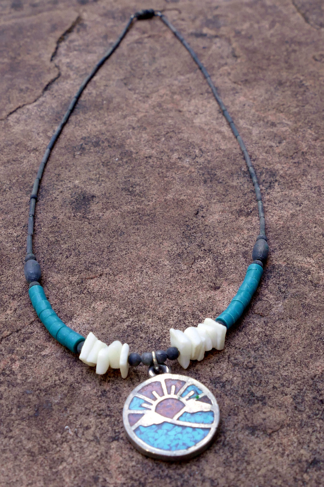 Sunrise Brooch Necklace With Inlaid Blue and Red Stones Crushed Tourquise Navajo