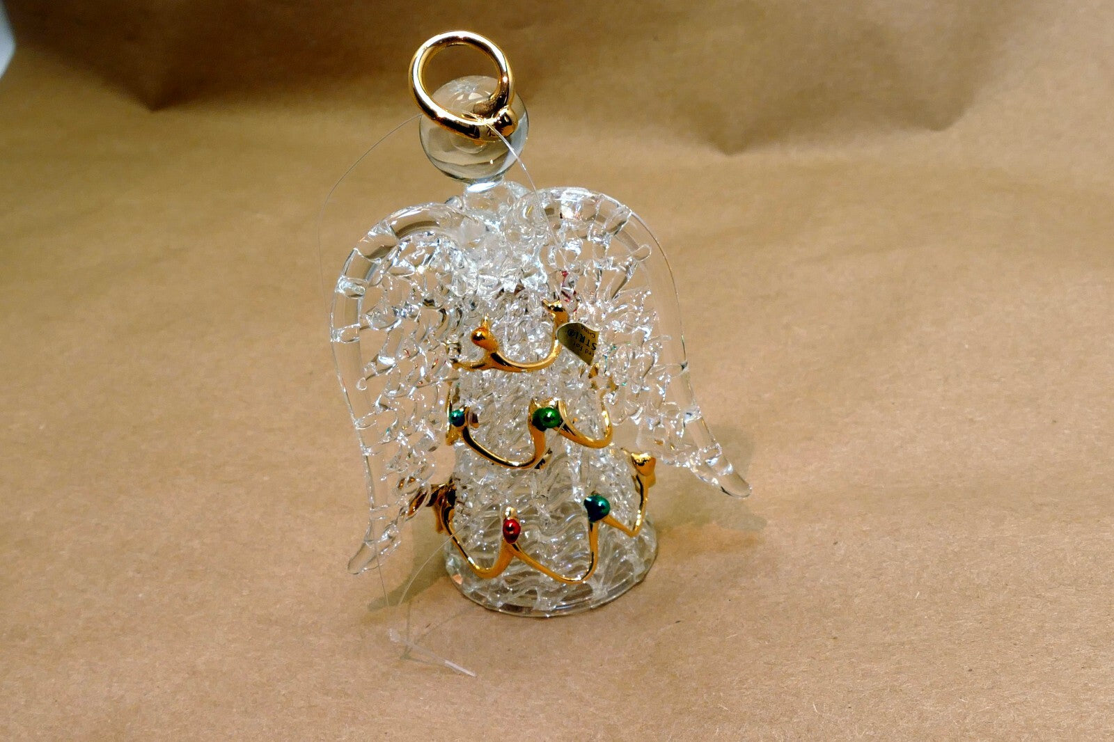 Spun Glass Crystal Christmas Ornament  gold green red hanging 4" tall