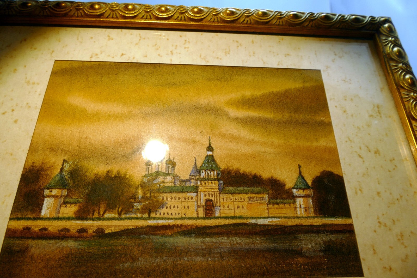 Watercolor Russia village byzantine church Art framed Russia 1990's