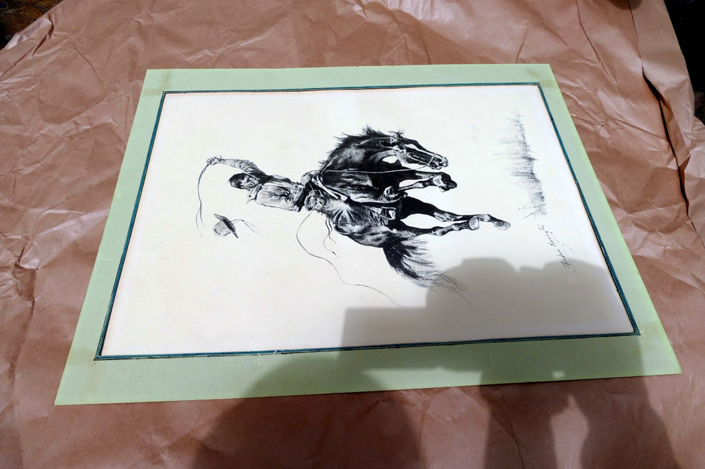 Running Bucker signed Frederic Remington cowboy on a bronco unframed 13X17"