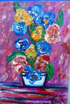 Oil painting of blue yellow flowers bouquet vase signed minna 5x7" small