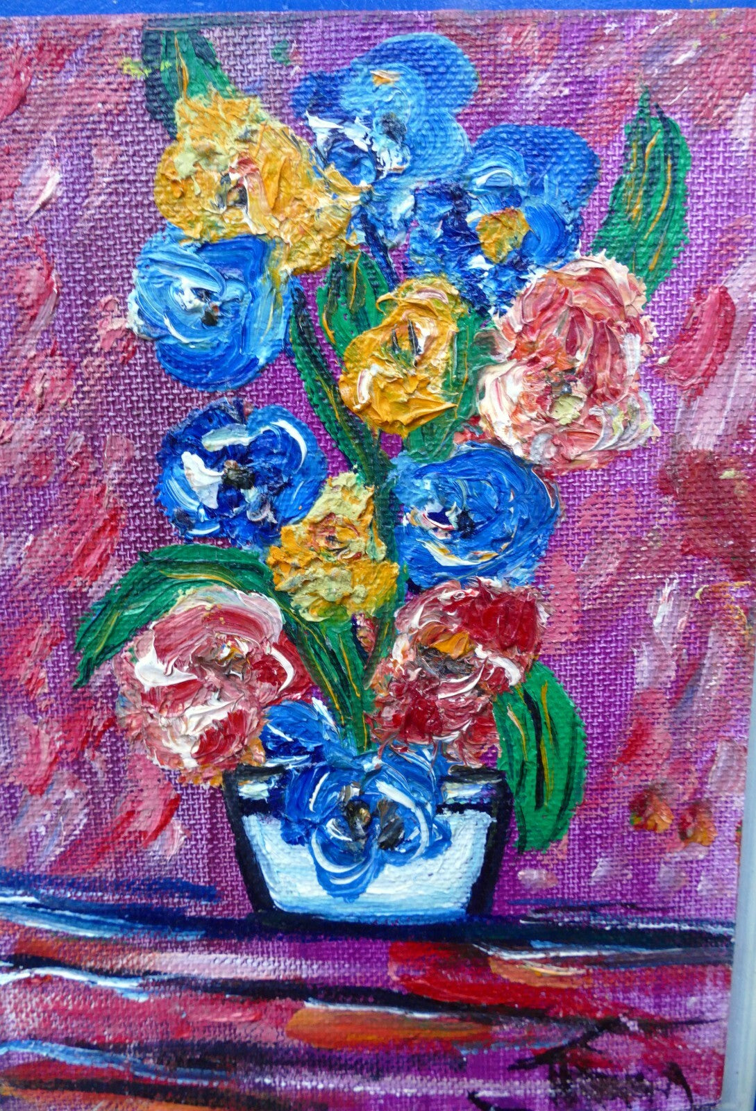 Oil painting of blue yellow flowers bouquet vase signed minna 5x7" small