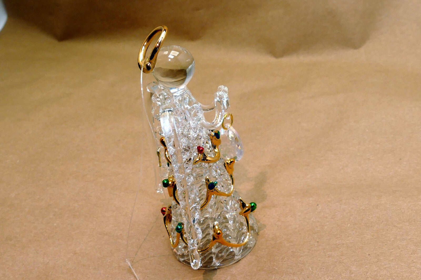 Spun Glass Crystal Christmas Ornament  gold green red hanging 4" tall