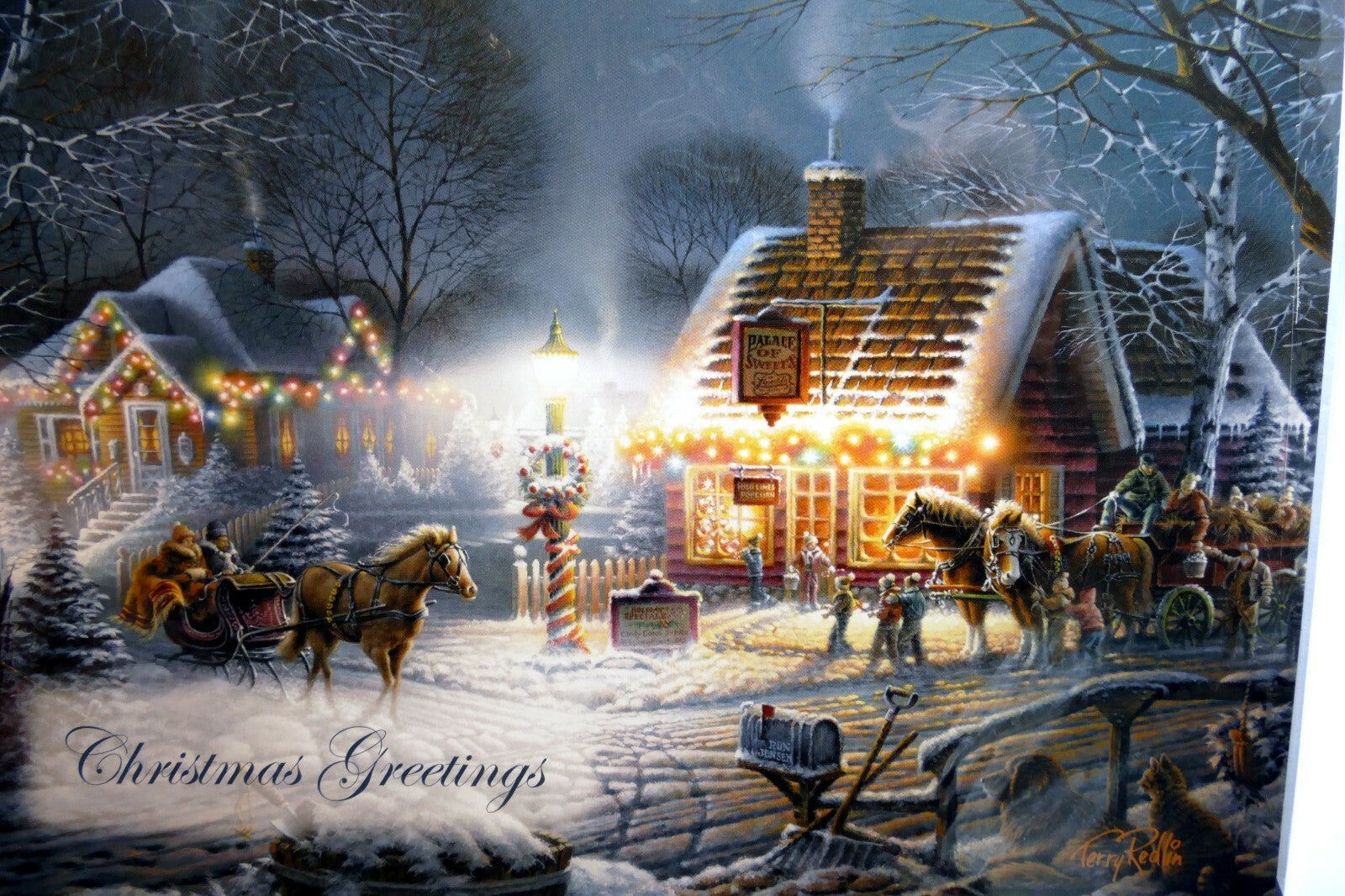 Christmas Card Season's Greeting vintage home snow winter horse sleigh dog kids