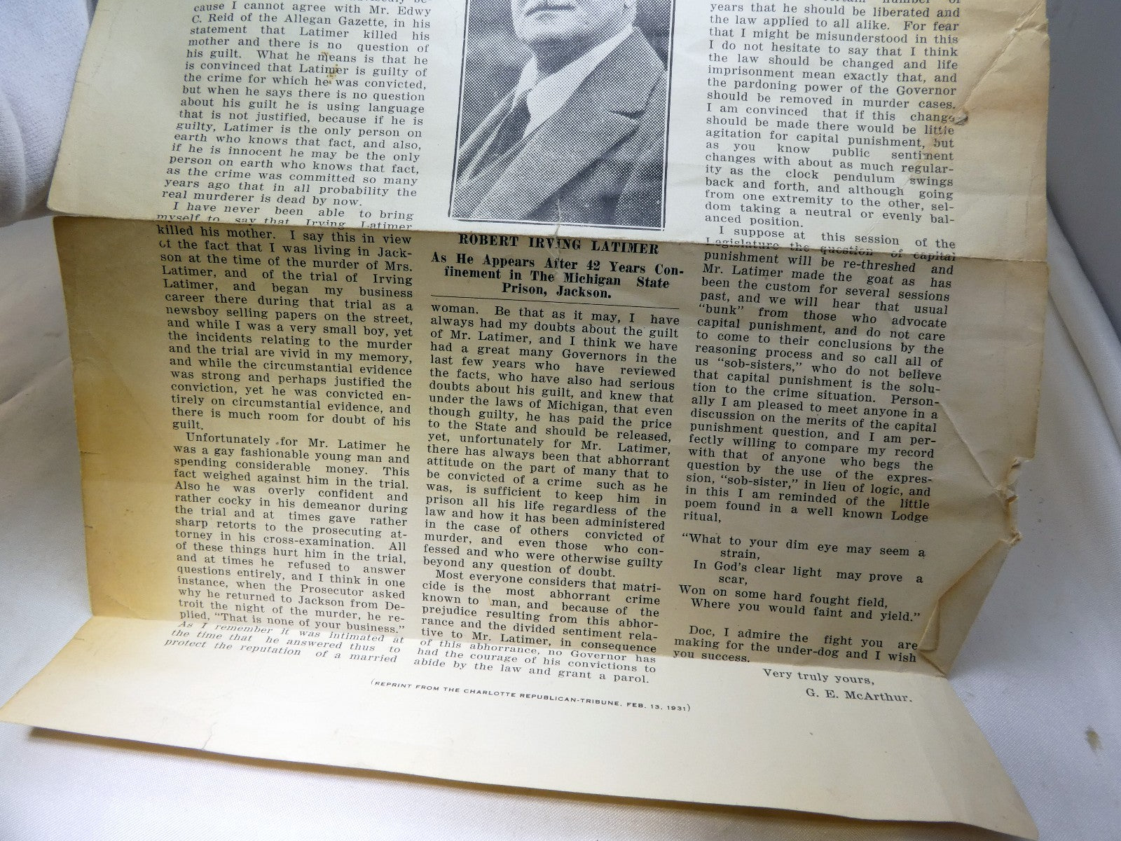 Newspaper Clippings G. Elmer McArthur Pleads Clemency for Robert Irving Matimer