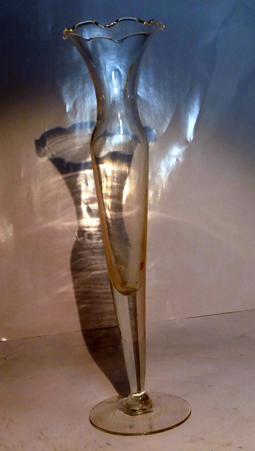 Mcm floral etched glass footed 10" bud vase ruffled top   vintage